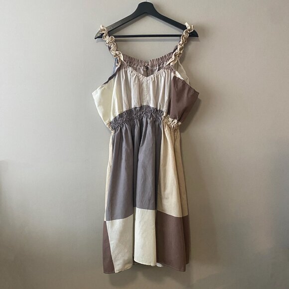 Handmade Plus Size Cotton Neutrals Brown Beige Patchwork Elastic Straps Dress - Picture 2 of 9